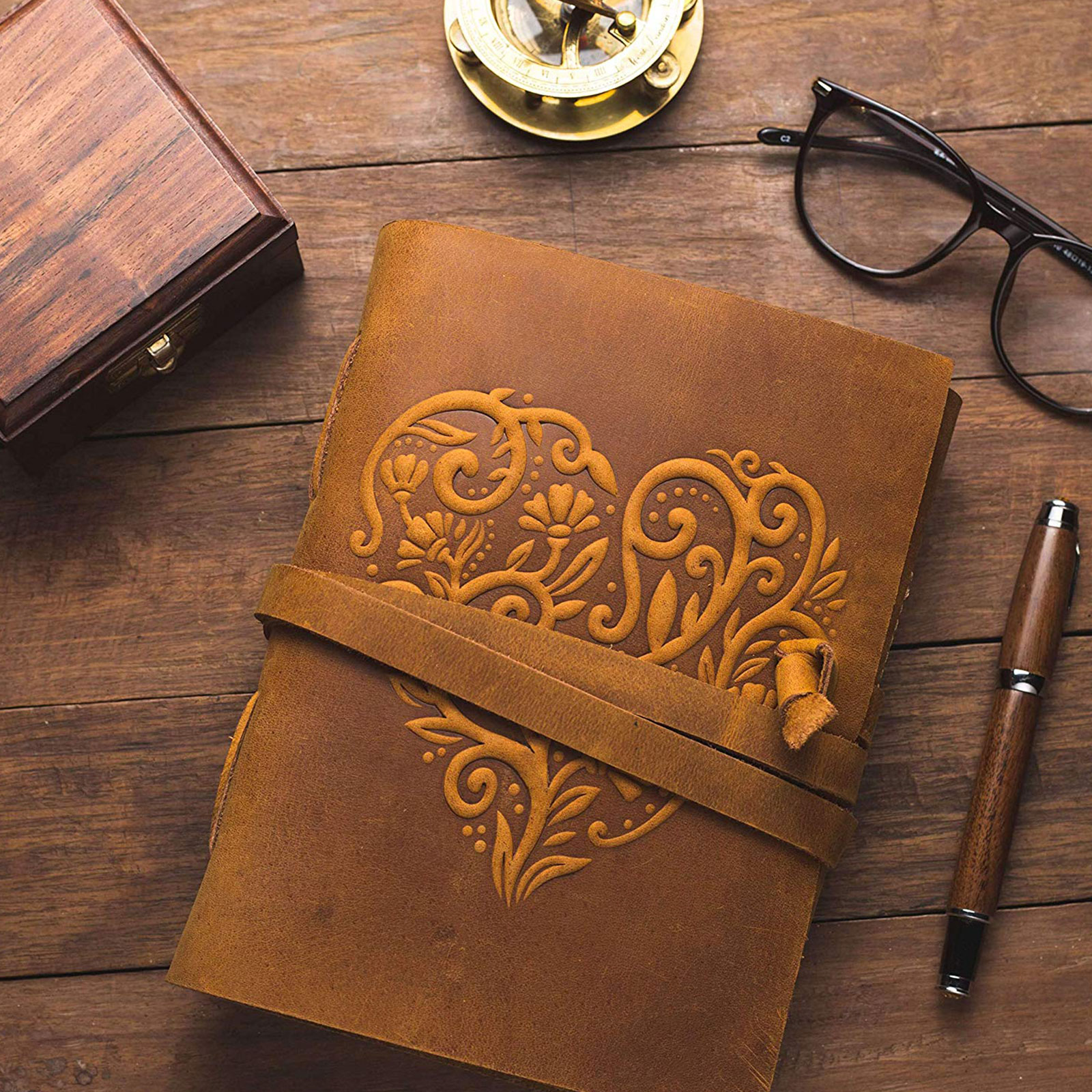 Genuine Leather Book Heart Shape Cover Bound Diary Blank  Daily Planner